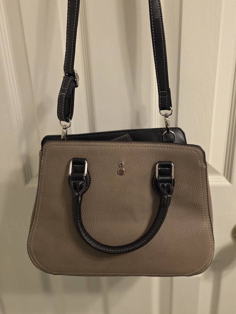 London Fog Taupe and Black Small Handbag with Shoulder Strap